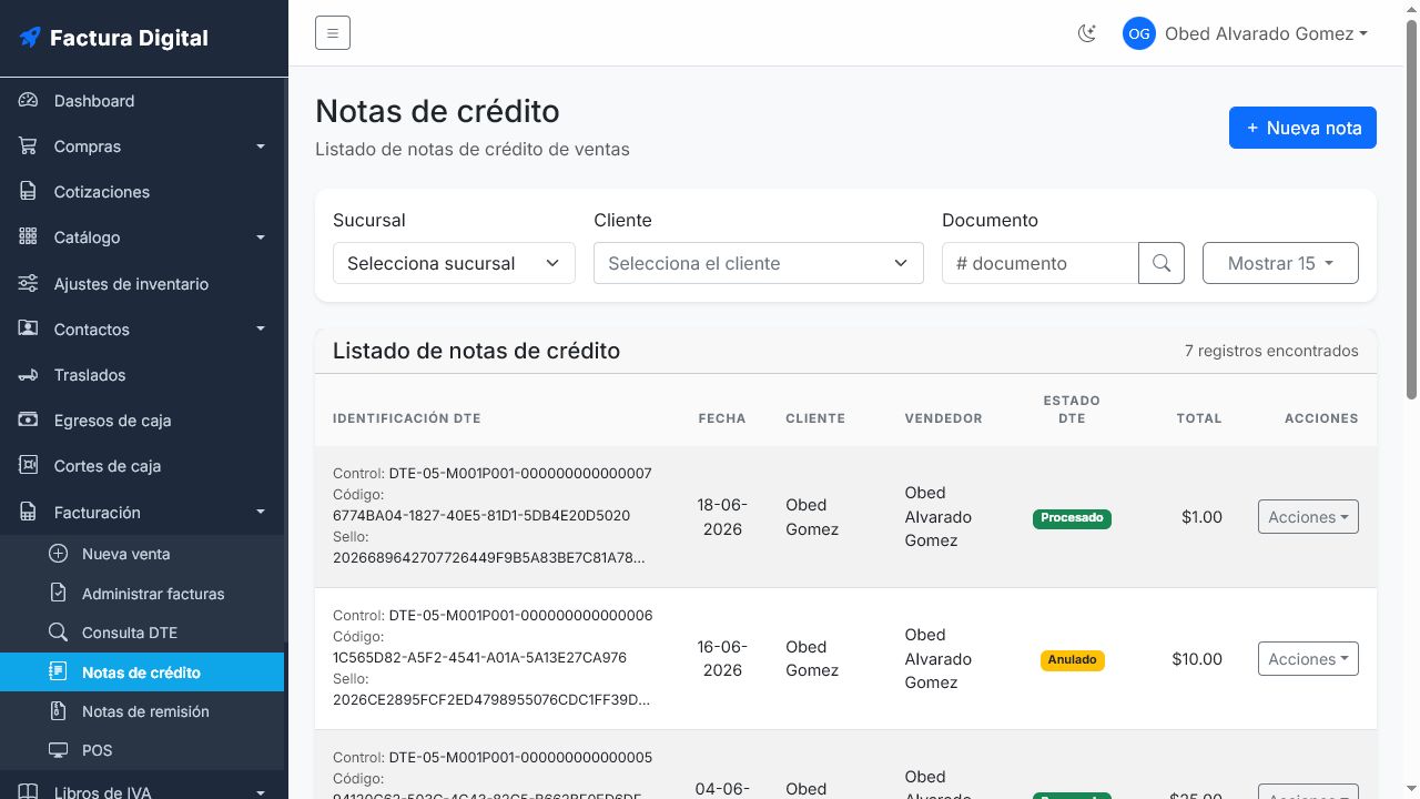 Notas de crédito